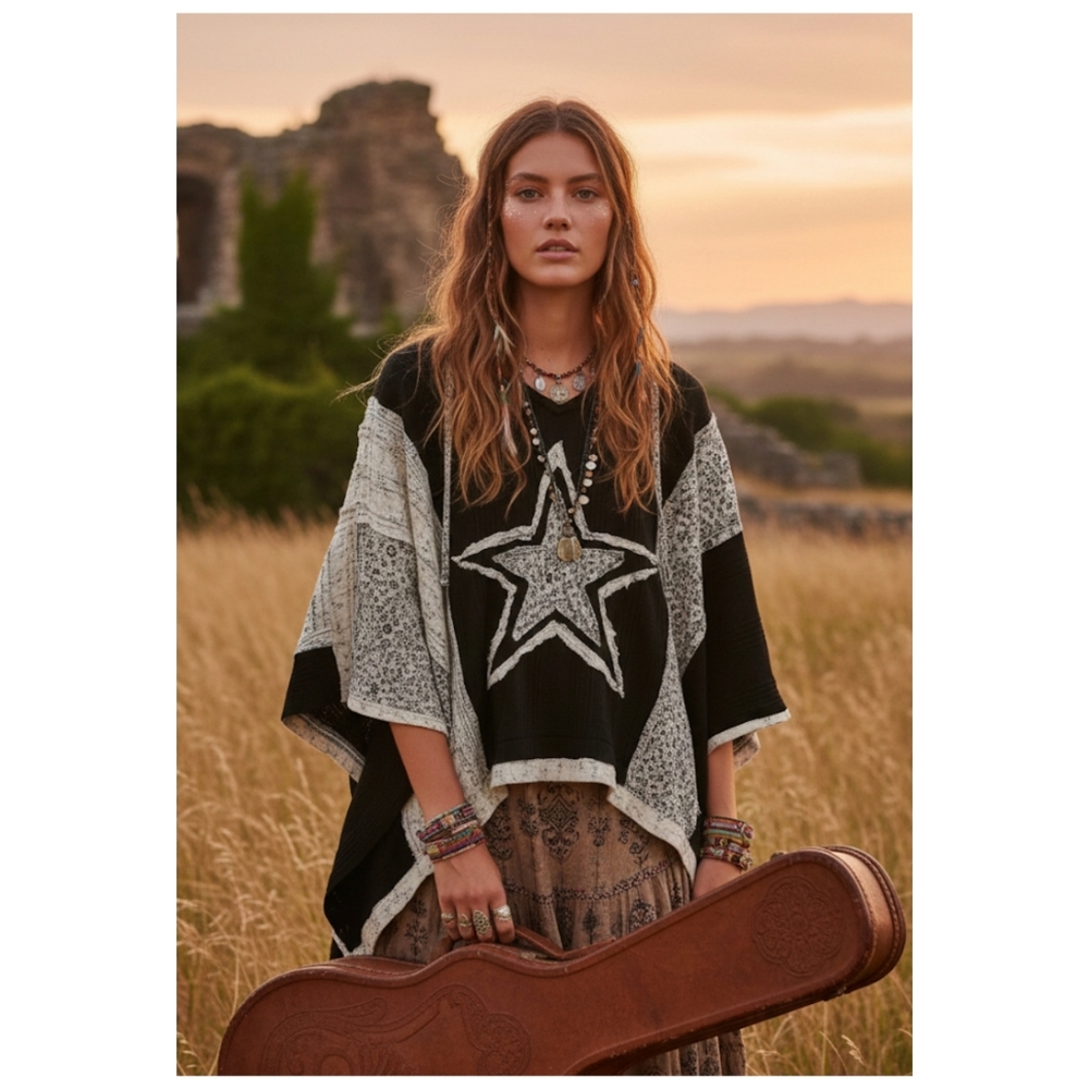 POL Black and Cream Star Patchwork Hoodie Top